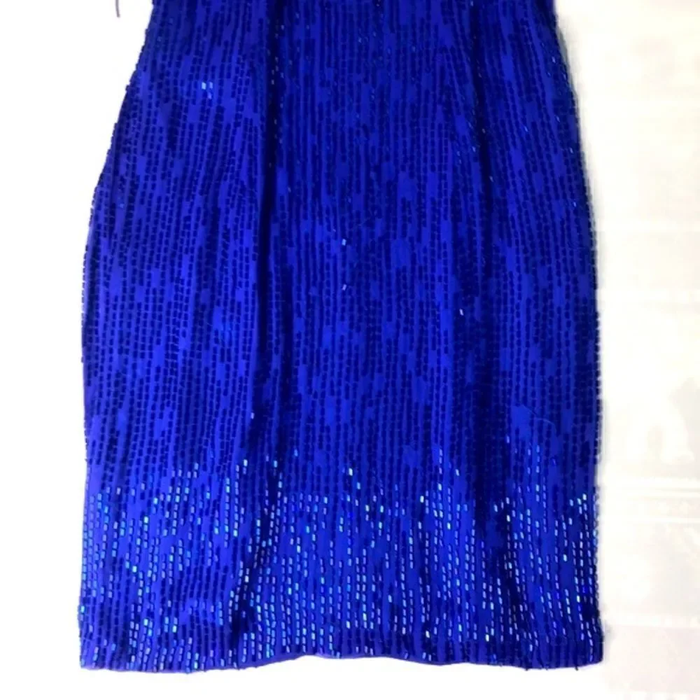 NiteLine by Della Roufogali Blue Silk Beaded Evening Gown Vintage Formal Dress 6
